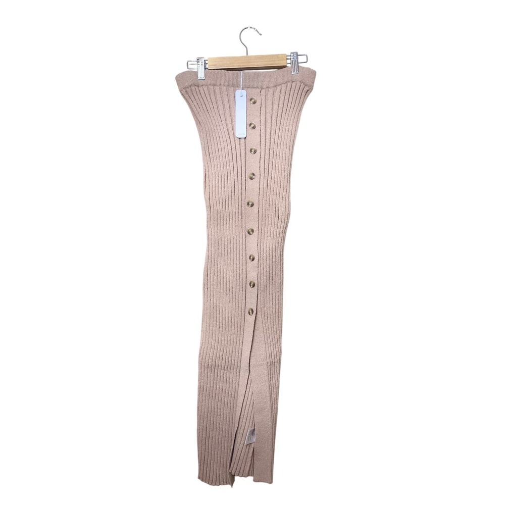Self Contrast Ribbed Knit Button Down Maxi Skirt Tan Beige Women Size‎ M